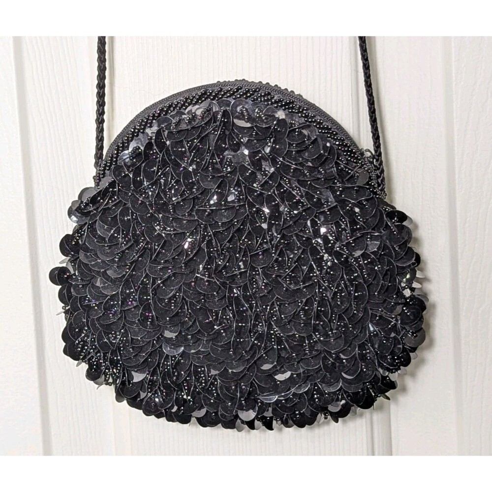 Vintage JAFRA Black Sequin Beaded Crossbody Purse Bag Zipper Closure Sparkle